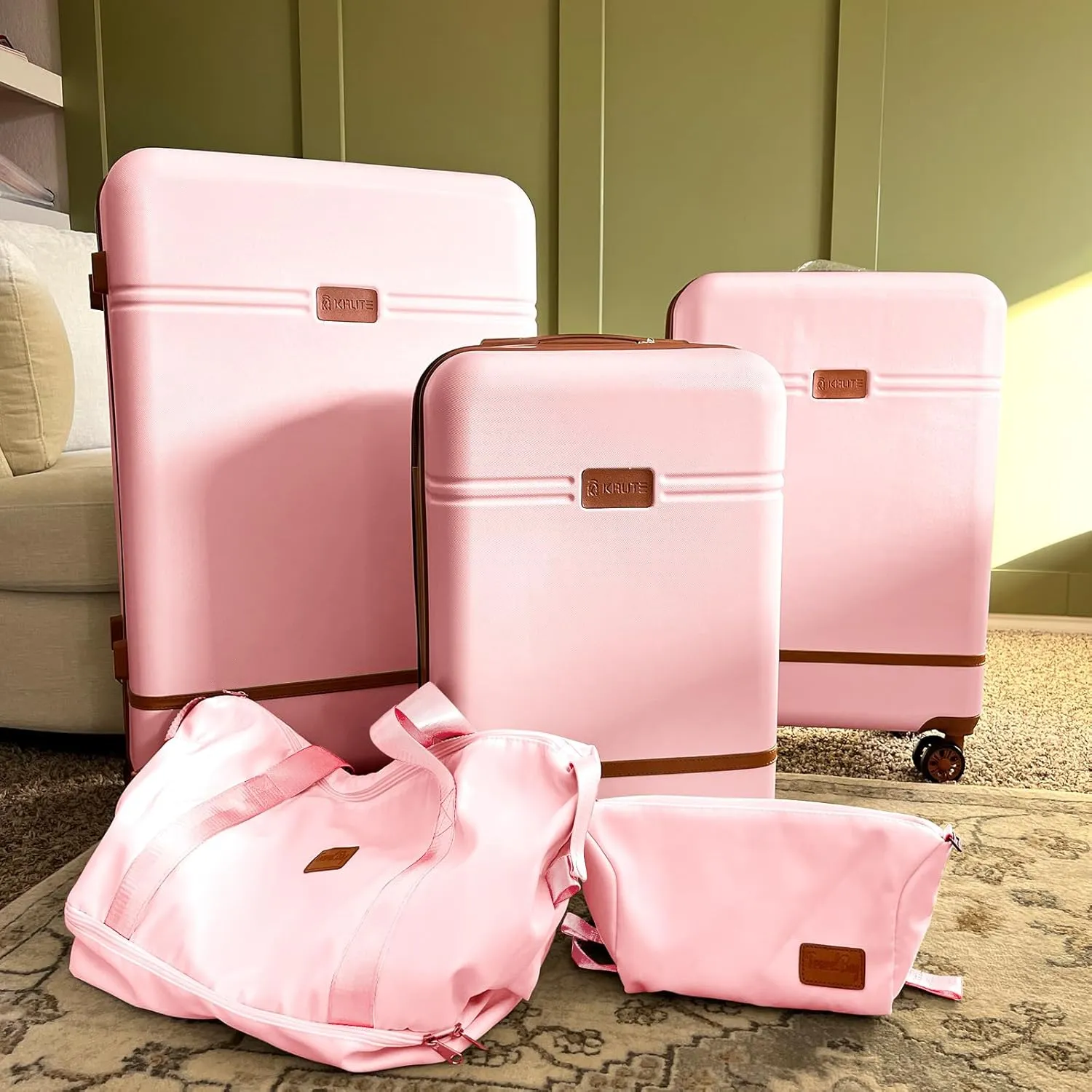Krute Luggage Sets 5 Pieces Suitcase Set Hard Shell Carry On Luggage with Spinner Wheels TSA Approved Durable PC ABS Suit Case (Pink)
