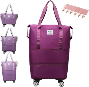 Kulken Travel Bag with Wheels, 2025 New Large Capacity Travel Bag,Universal Wheel Removable, Foldie Travel Bag Expandable, Convertible Womens Duffle Bags for Traveling, with Clothespin(Dark purple)