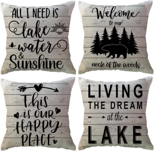 Lake Camper Throw Pillow Covers 18 x 18 Inch This is Our Happy Place Quote Cushion Covers Bear Woods Sunshine Camping/Cabin Farmhouse Rustic Decorative Pillowcases 4Pack for Sofa Couch Porch