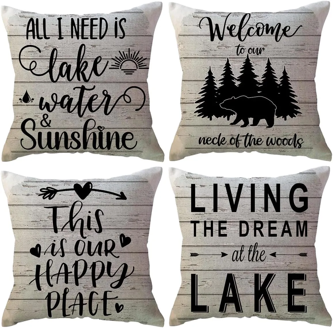 Lake Camper Throw Pillow Covers 18 x 18 Inch This is Our Happy Place Quote Cushion Covers Bear Woods Sunshine Camping/Cabin Farmhouse Rustic Decorative Pillowcases 4Pack for Sofa Couch Porch