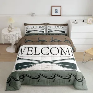 Lake House Decor Comforter Set Twin, Farmhouse Rustic Barn Door Bedding Cabin Lodge Decor, Lake Paddle Quilted Duvet for Lake Lover, Retro Vintage Style Down Comforter Home Room Decor, Navy Green