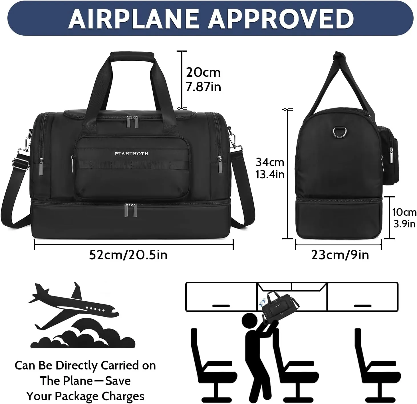 Large 42L Carry On Duffle Bag for Travel & Gym - TSA Approved Airplane Personal Item with Shoe Compartment & Wet Pocket, Water-Resistant Weekender Overnight Bag for Men Women (Black)