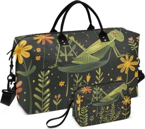 Large Bag Weekender Duffel Bag Gym Tote Bag with Adjustable Strap for Yoga Foldable Cute Grasshopper on Flowers
