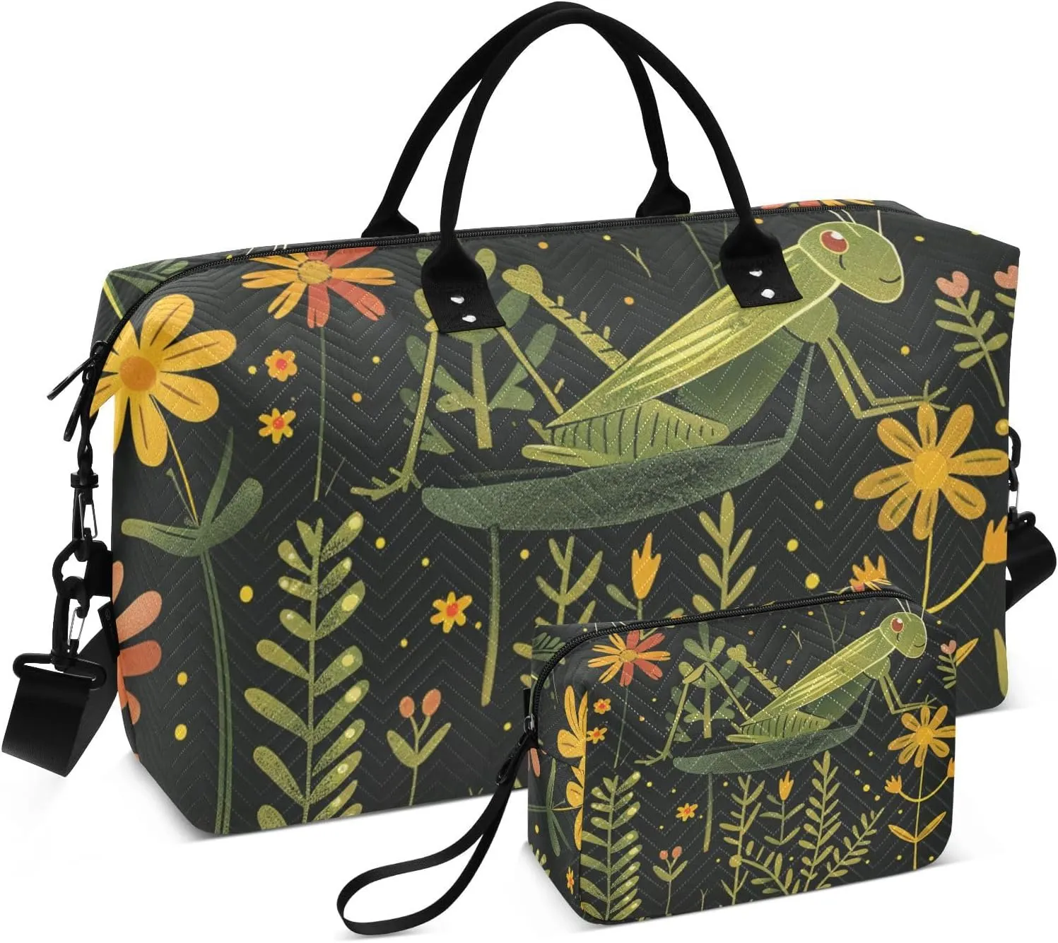 Large Bag Weekender Duffel Bag Gym Tote Bag with Adjustable Strap for Yoga Foldable Cute Grasshopper on Flowers