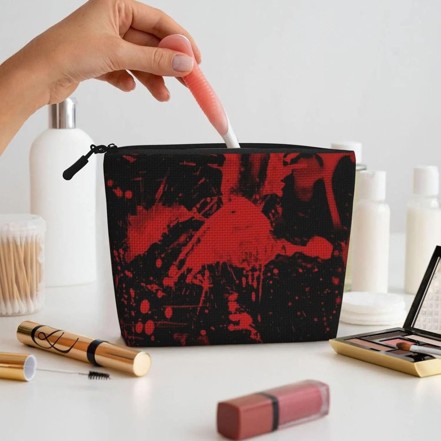 Large Capacity Women's Makeup Bag, Waterproof Imitation Hemp Material Hand Zipper Makeup Bag, Portable Makeup Bag, Travel Essentials Cosmetic Bag Abstract Ink Splash