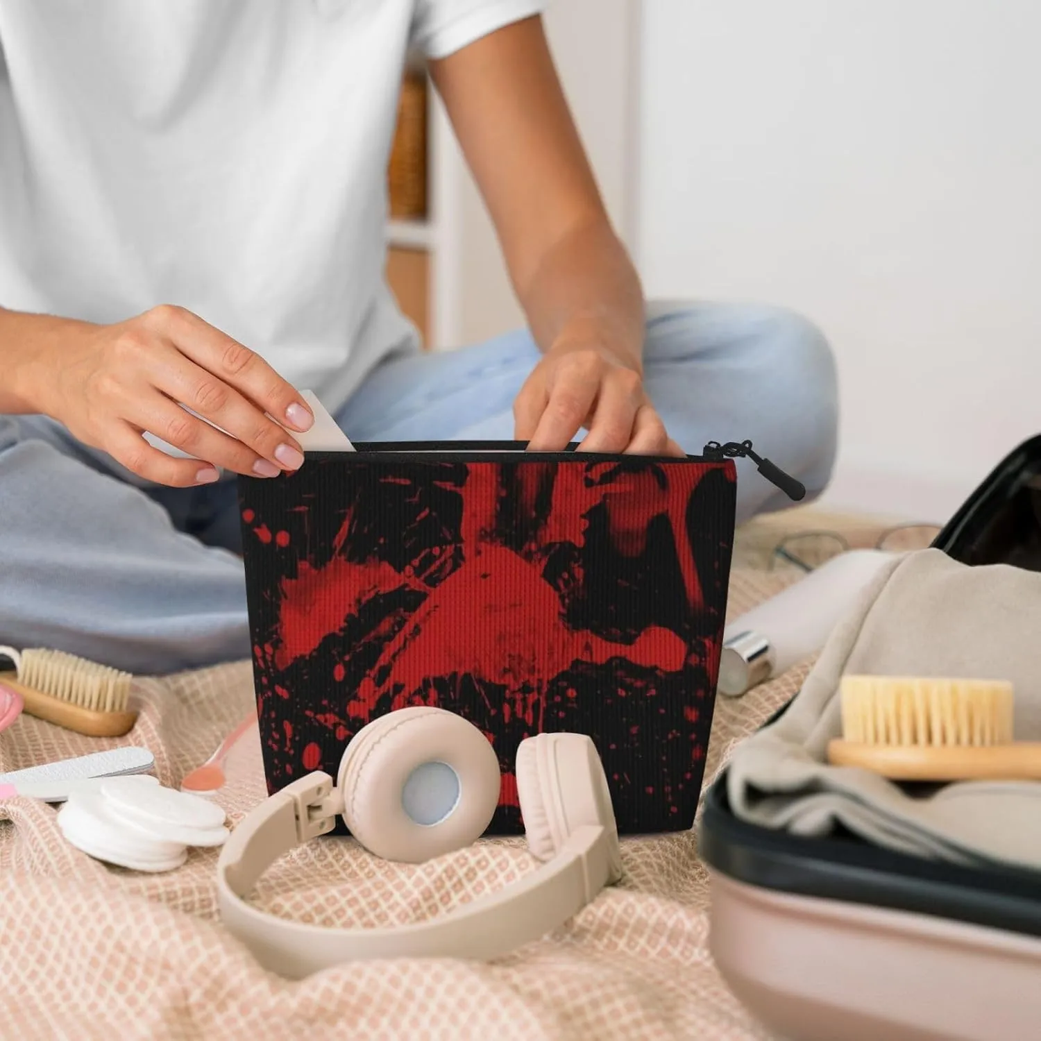 Large Capacity Women's Makeup Bag, Waterproof Imitation Hemp Material Hand Zipper Makeup Bag, Portable Makeup Bag, Travel Essentials Cosmetic Bag Abstract Ink Splash
