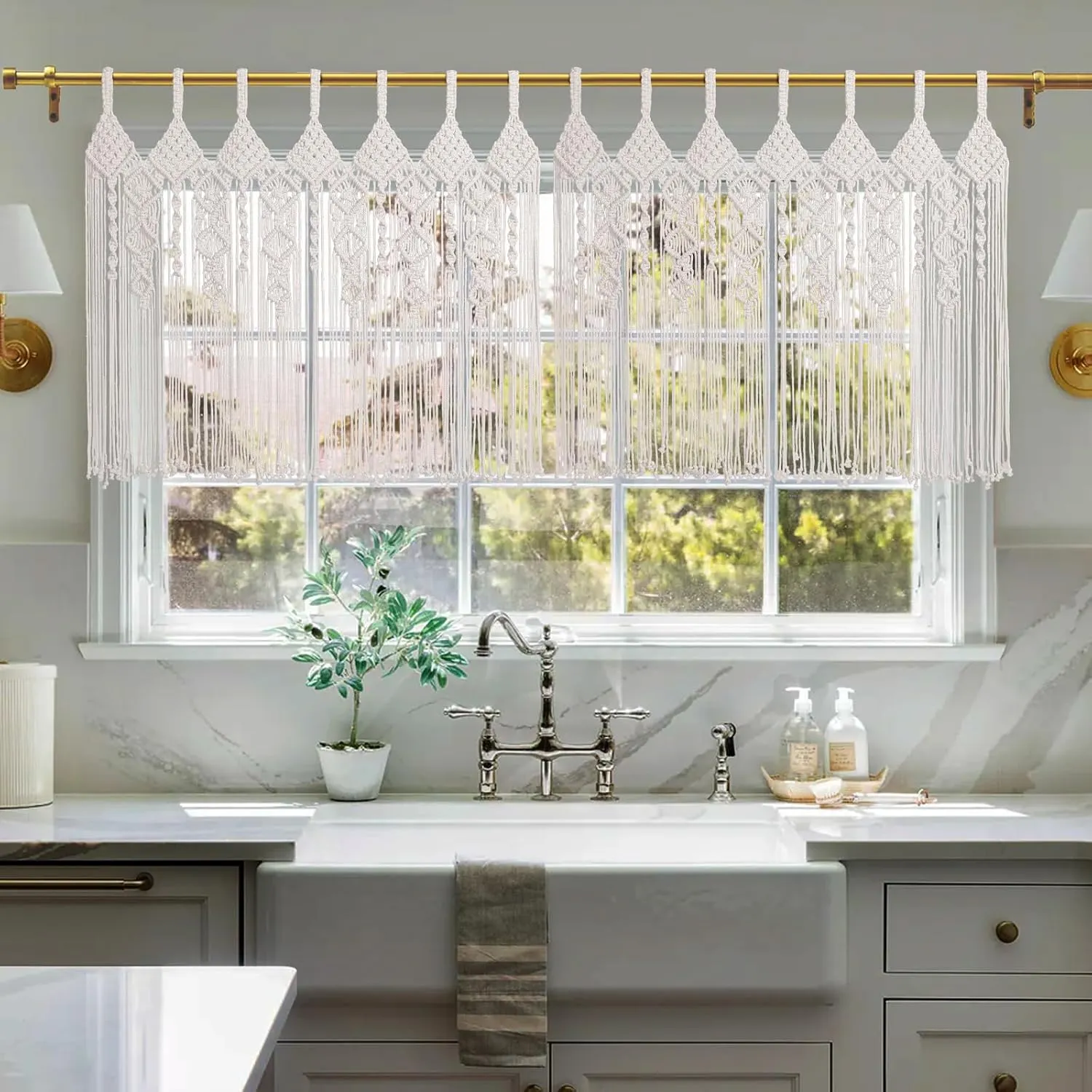 Large Macrame Wall Hanging 31" W x 39" L Boho Valance Macrame Kitchen Curtains for Windows Tapestry Wall Decor Doorway Curtains Wall Art for Bedroom Living Room Wedding, 1 Panel