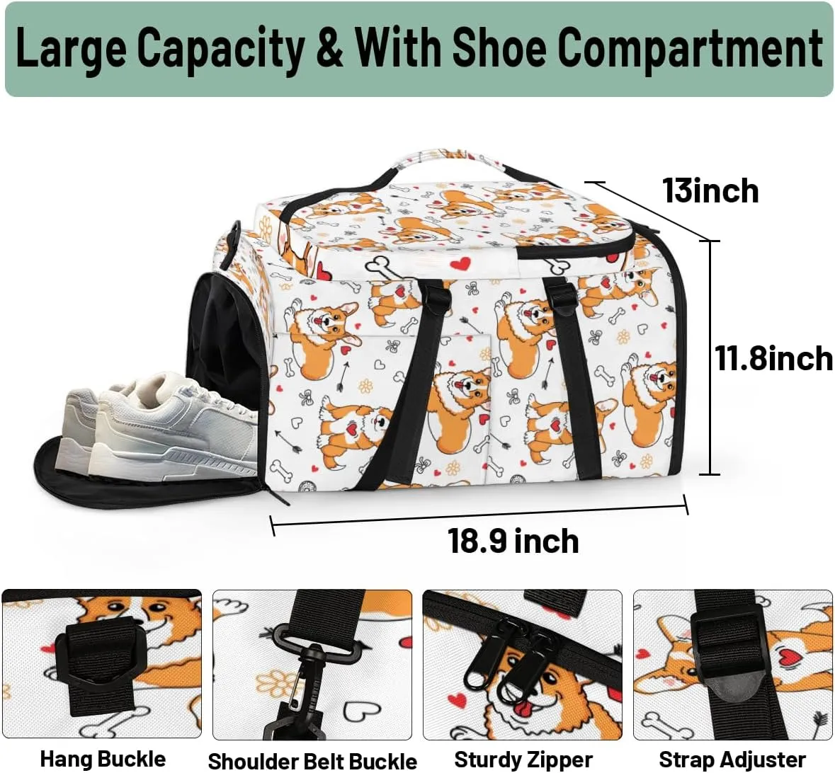 Large Sports Gym Bag With Shoe & Laptop Compartment 47L Waterproof Travel Duffel Bags for Men Women Cute Corgi Dog Luggage Backpack Duffle Bag
