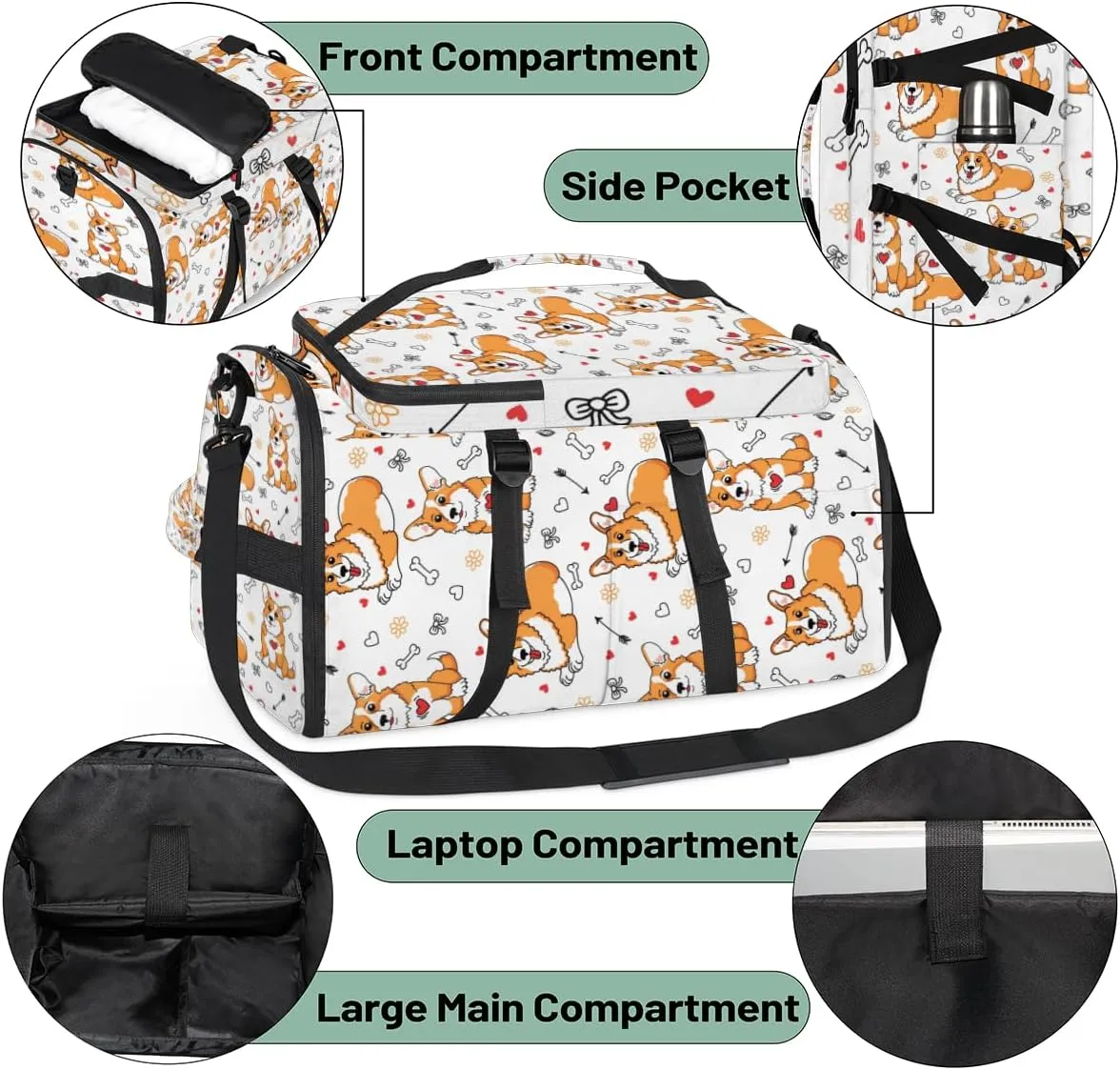 Large Sports Gym Bag With Shoe & Laptop Compartment 47L Waterproof Travel Duffel Bags for Men Women Cute Corgi Dog Luggage Backpack Duffle Bag