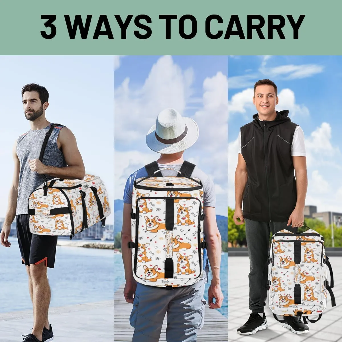 Large Sports Gym Bag With Shoe & Laptop Compartment 47L Waterproof Travel Duffel Bags for Men Women Cute Corgi Dog Luggage Backpack Duffle Bag