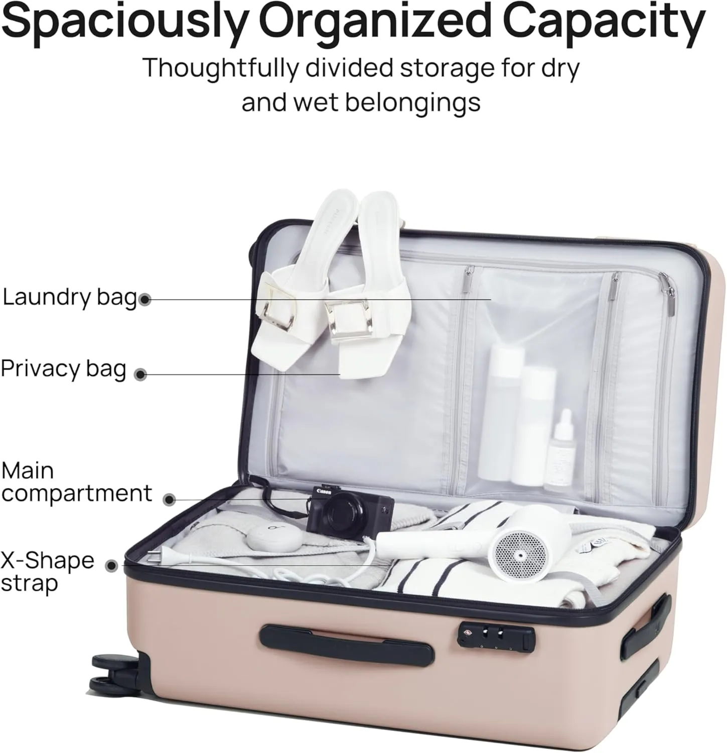 Large Suitcase 28 Inch, Checked Luggage with Double Spinner Wheels, Dry Wet Separate Design, PC Hard Case Suitcase, Lightweight Travel Luggage, TSA Approved (Baby Pink, Danube)