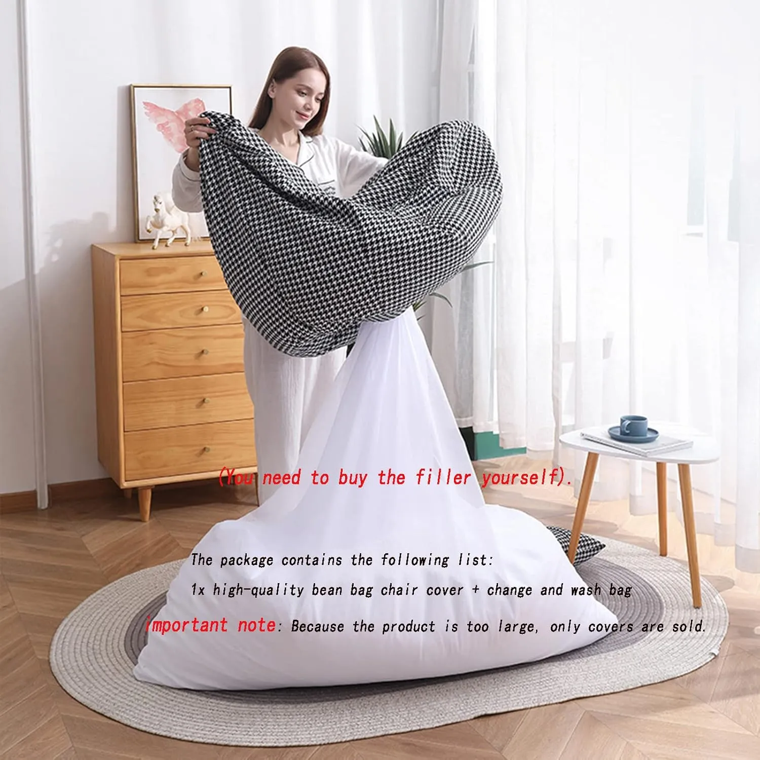 Lazy Sofas Cover Bean Bag Chair w/Footstool Lounger Seat Bean Bag Cover Soft Beanbag Chair (No Filler) Stuffed Animal Storage or Memory Foam Lounger Seat Bean Bag Cover ,Beige and dark gray stitching