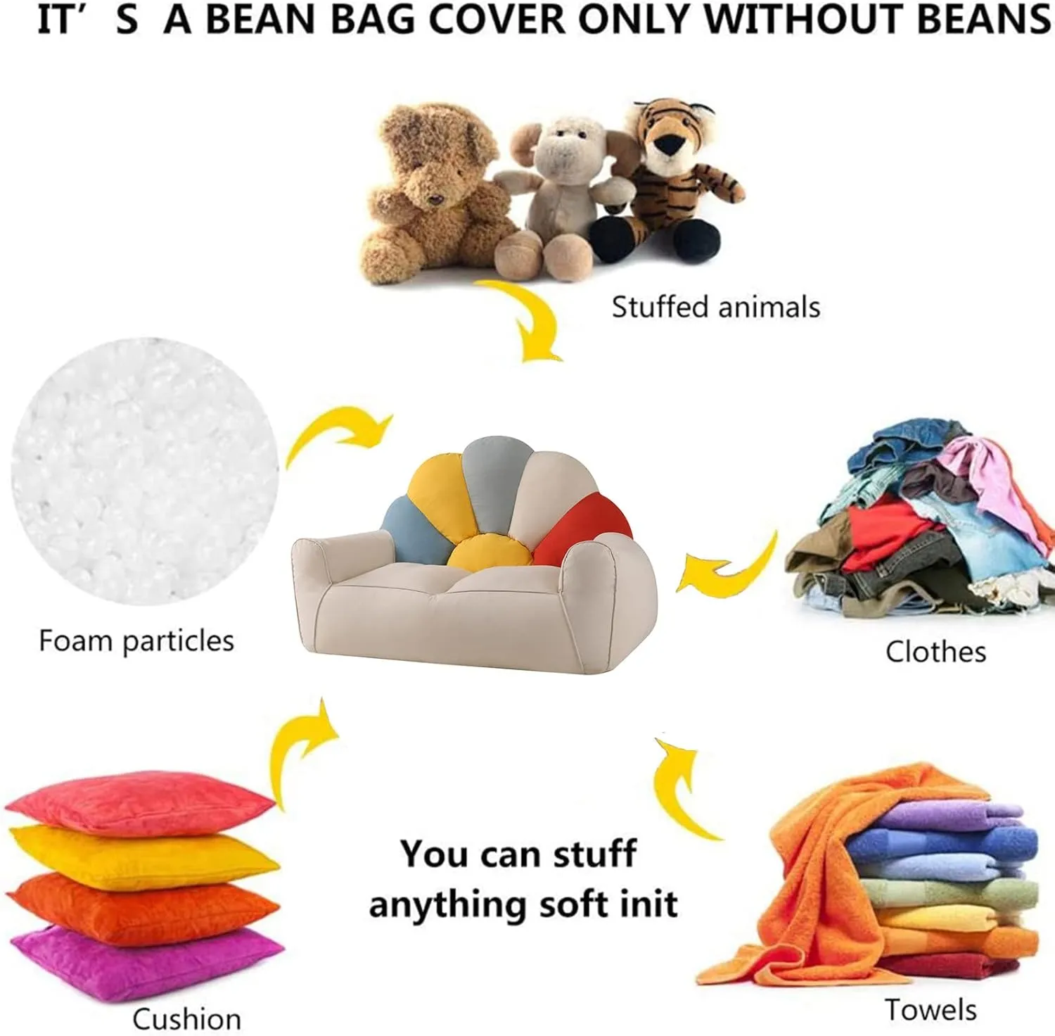 Lazy Sofas Cover Bean Bag Chair w/Footstool Lounger Seat Bean Bag Cover Soft Beanbag Chair (No Filler) Stuffed Animal Storage or Memory Foam Lounger Seat Bean Bag Cover ,Beige and dark gray stitching