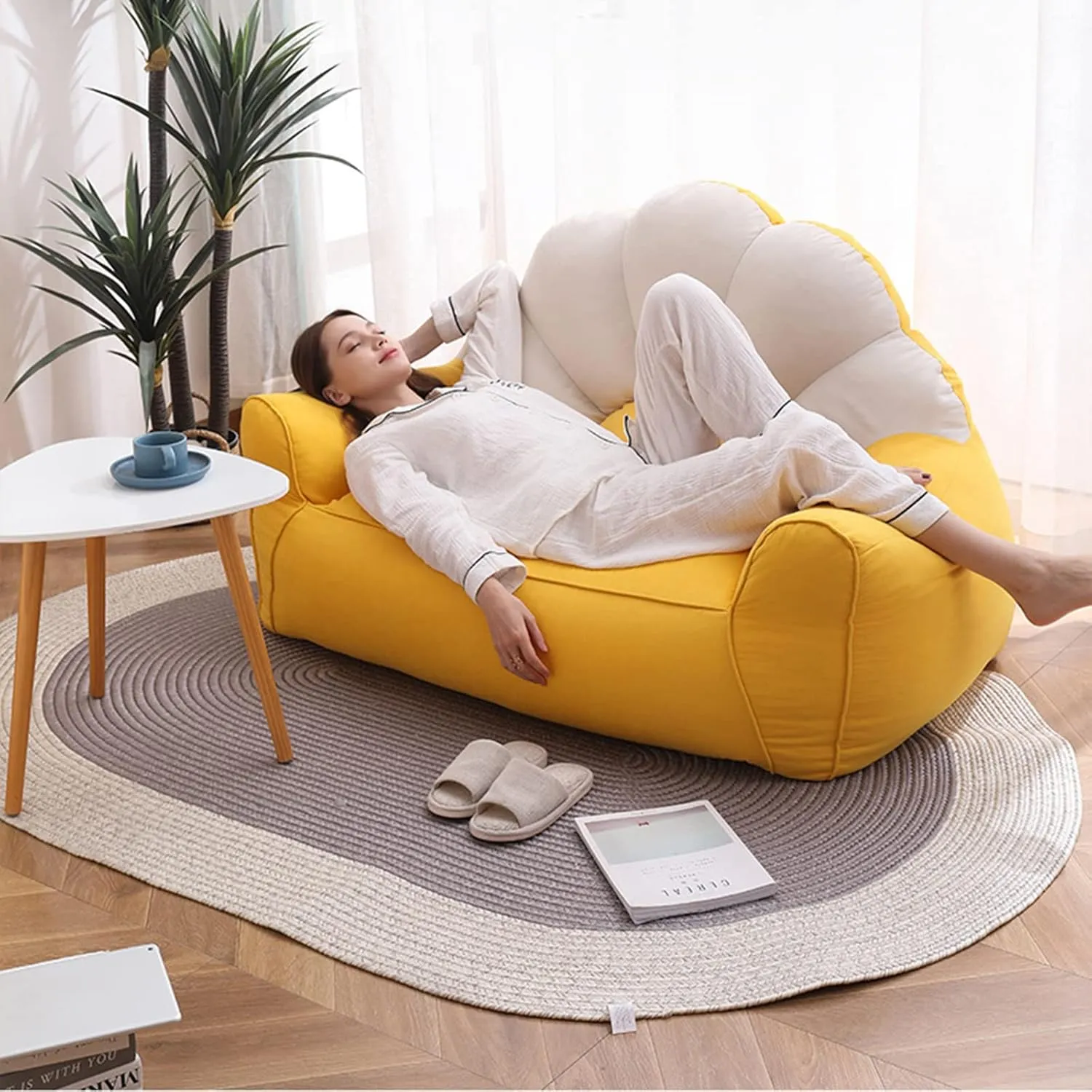 Lazy Sofas Cover Bean Bag Chair w/Footstool Lounger Seat Bean Bag Cover Soft Beanbag Chair (No Filler) Stuffed Animal Storage or Memory Foam Lounger Seat Bean Bag Cover ,Beige and dark gray stitching