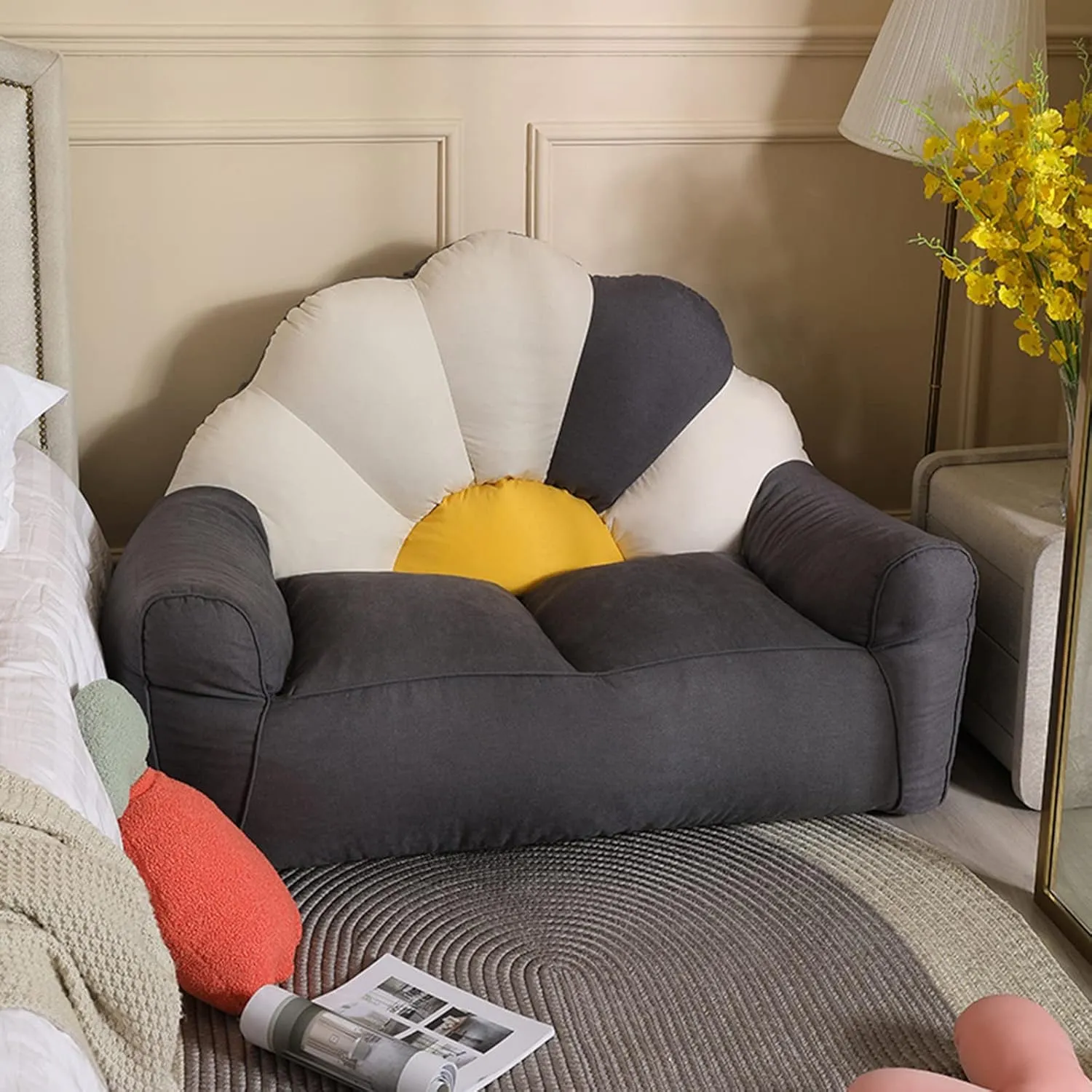Lazy Sofas Cover Bean Bag Chair w/Footstool Lounger Seat Bean Bag Cover Soft Beanbag Chair (No Filler) Stuffed Animal Storage or Memory Foam Lounger Seat Bean Bag Cover ,Beige and dark gray stitching