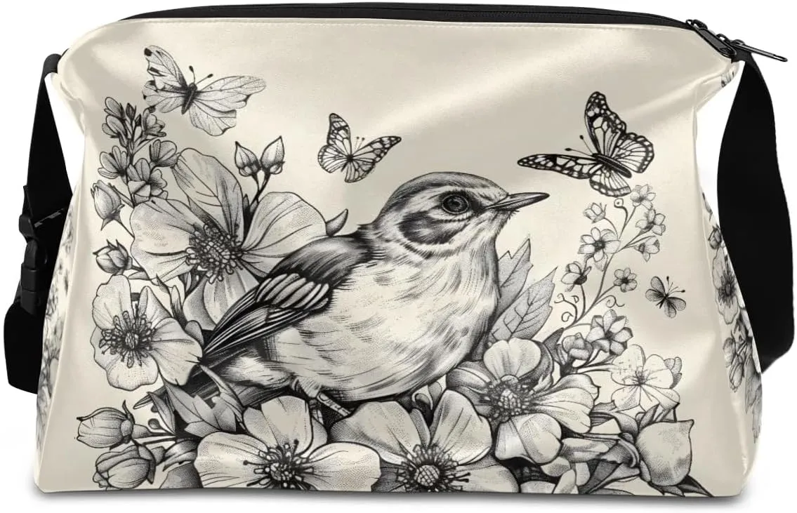 Leather Travel Duffle Bag for Women Men, Bird Flower Floral Butterfly Small Sports Gym Bag Weekender Overnight Bags Underseat Carry on Luggage Bags for Airplanes, Personal Item Travel Bag,B-127