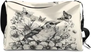 Leather Travel Duffle Bag for Women Men, Bird Flower Floral Butterfly Small Sports Gym Bag Weekender Overnight Bags Underseat Carry on Luggage Bags for Airplanes, Personal Item Travel Bag,B-127