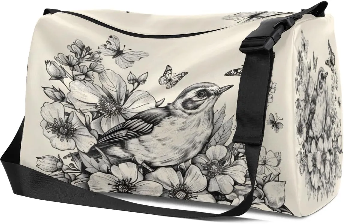 Leather Travel Duffle Bag for Women Men, Bird Flower Floral Butterfly Small Sports Gym Bag Weekender Overnight Bags Underseat Carry on Luggage Bags for Airplanes, Personal Item Travel Bag,B-127