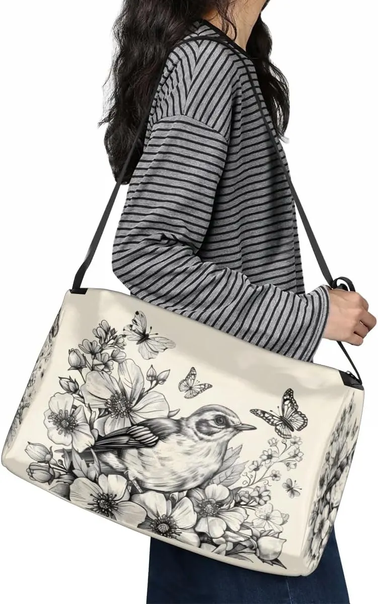 Leather Travel Duffle Bag for Women Men, Bird Flower Floral Butterfly Small Sports Gym Bag Weekender Overnight Bags Underseat Carry on Luggage Bags for Airplanes, Personal Item Travel Bag,B-127