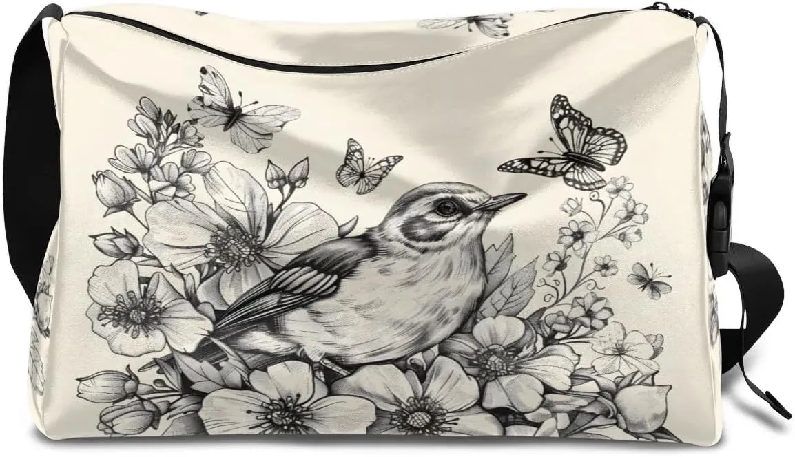 Leather Travel Duffle Bag for Women Men, Bird Flower Floral Butterfly Small Sports Gym Bag Weekender Overnight Bags Underseat Carry on Luggage Bags for Airplanes, Personal Item Travel Bag,B-127