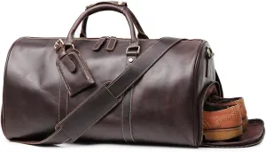 Leather Travel Luggage Bag With Side Pocket, Mens Duffle Retro Carry on Handbag (Dark Brown)