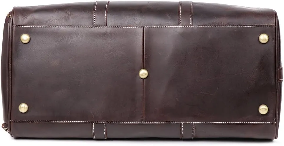 Leather Travel Luggage Bag With Side Pocket, Mens Duffle Retro Carry on Handbag (Dark Brown)