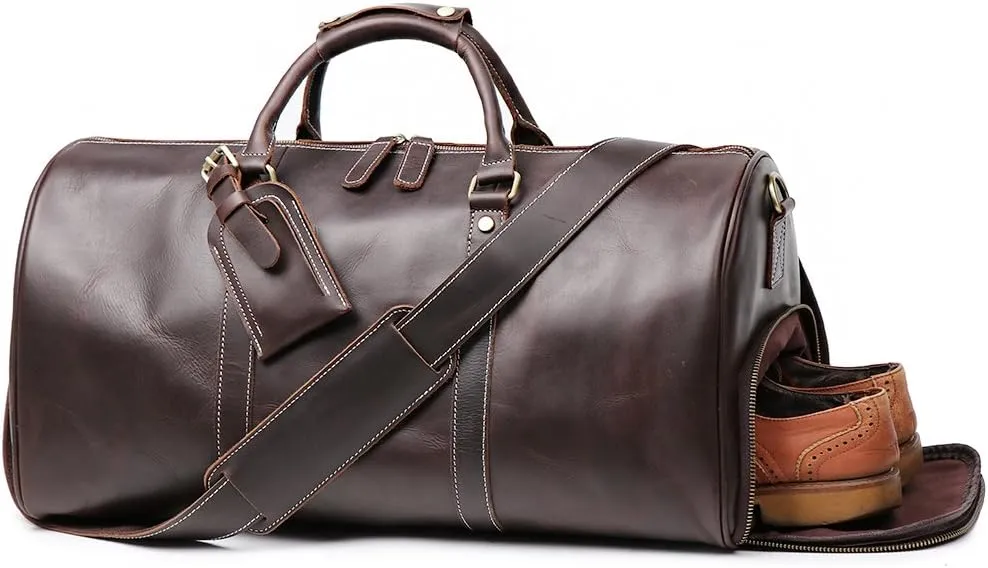 Leather Travel Luggage Bag With Side Pocket, Mens Duffle Retro Carry on Handbag (Dark Brown)