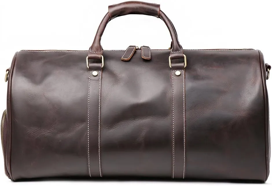 Leather Travel Luggage Bag With Side Pocket, Mens Duffle Retro Carry on Handbag (Dark Brown)