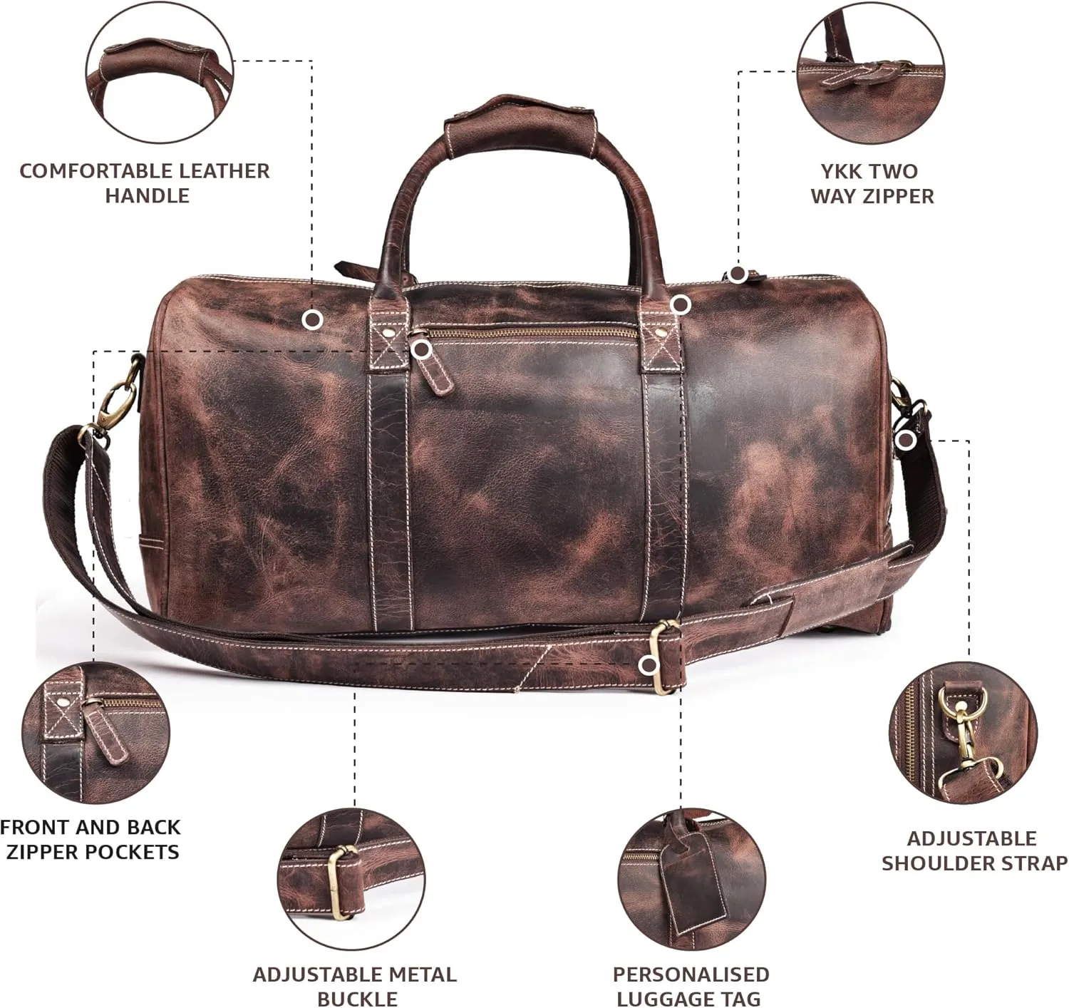 Leather Village Leather Duffle Bags for Men & Women-Stylish Travel Weekender Carry-On Sports Gym Overnight Luggage Bag - 20 Inch - Rustic Brown