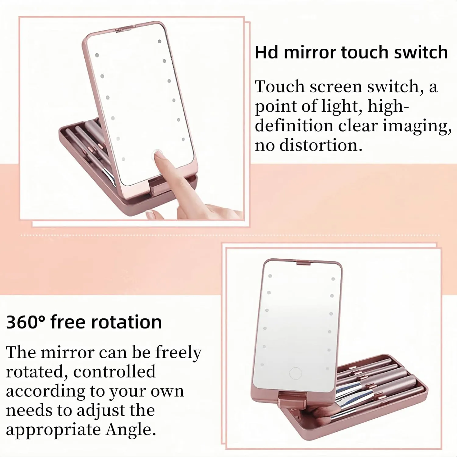 LED Makeup Mirror with Travel Size Makeup Brushes Set, Easy - Taken Mini Makeup Brush Set with Case and Mirror, Small Complete Function Cosmetic Brushes Kit (Black,with Brush)