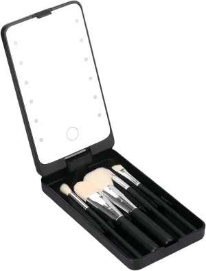 LED Makeup Mirror with Travel Size Makeup Brushes Set, Easy - Taken Mini Makeup Brush Set with Case and Mirror, Small Complete Function Cosmetic Brushes Kit (Black,with Brush)