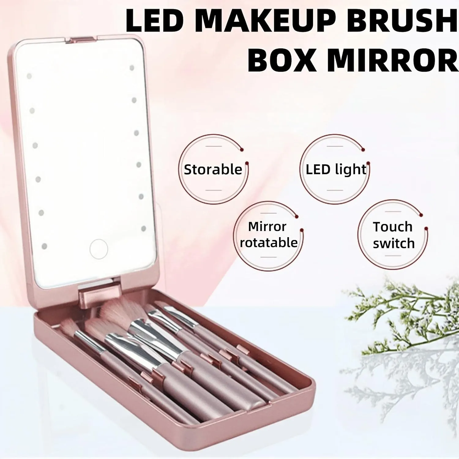 LED Makeup Mirror with Travel Size Makeup Brushes Set, Easy - Taken Mini Makeup Brush Set with Case and Mirror, Small Complete Function Cosmetic Brushes Kit (Black,with Brush)