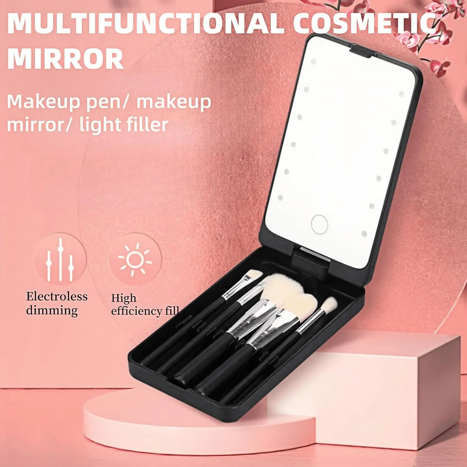 LED Makeup Mirror with Travel Size Makeup Brushes Set, Easy - Taken Mini Makeup Brush Set with Case and Mirror, Small Complete Function Cosmetic Brushes Kit (Black,with Brush)