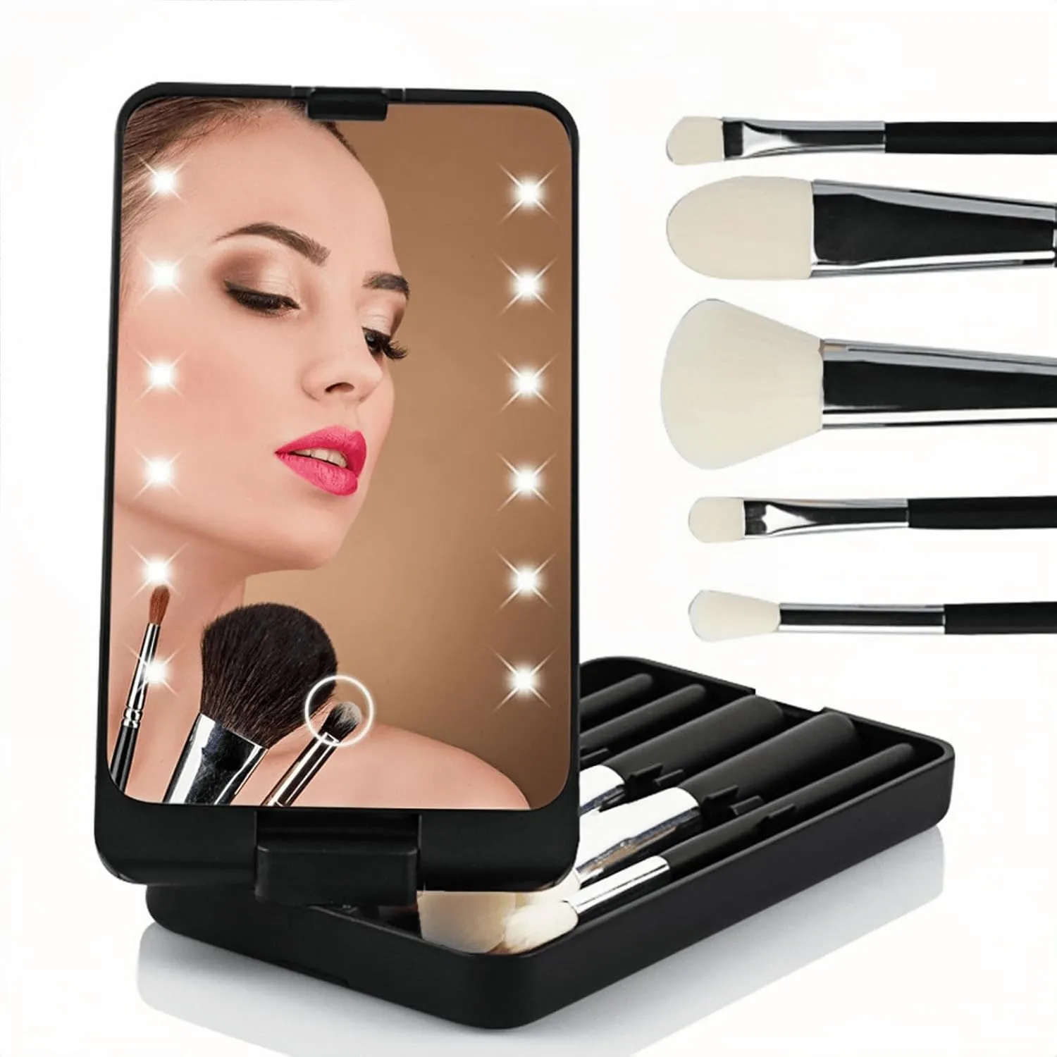 LED Makeup Mirror with Travel Size Makeup Brushes Set, Easy - Taken Mini Makeup Brush Set with Case and Mirror, Small Complete Function Cosmetic Brushes Kit (Black,with Brush)