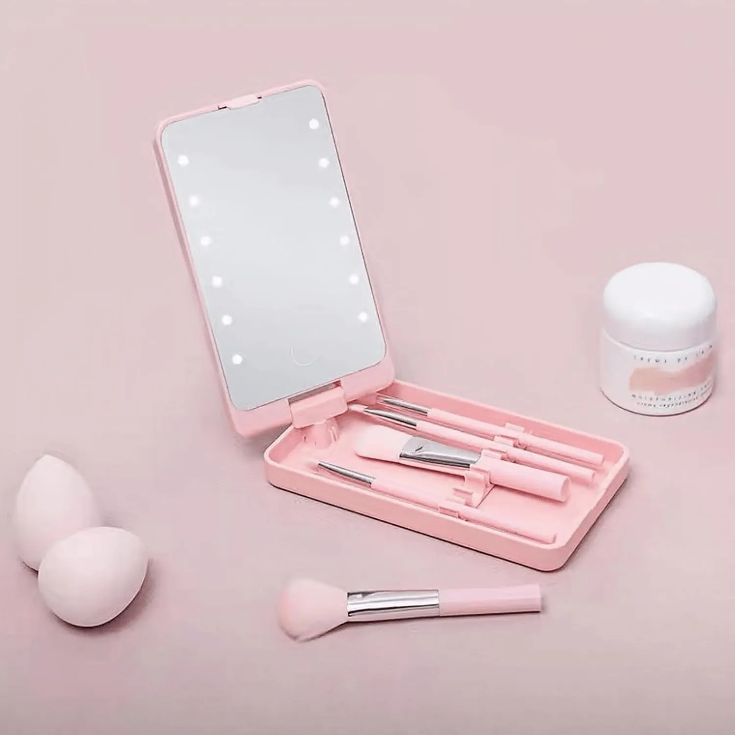 LED Makeup Mirror with Travel Size Makeup Brushes Set, Easy - Taken Mini Makeup Brush Set with Case and Mirror, Small Complete Function Cosmetic Brushes Kit (Black,with Brush)