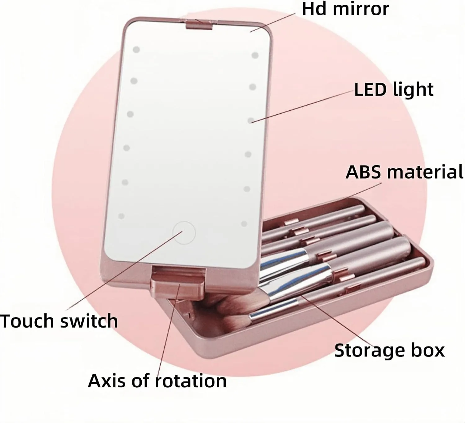 LED Makeup Mirror with Travel Size Makeup Brushes Set, Easy - Taken Mini Makeup Brush Set with Case and Mirror, Small Complete Function Cosmetic Brushes Kit (Black,with Brush)