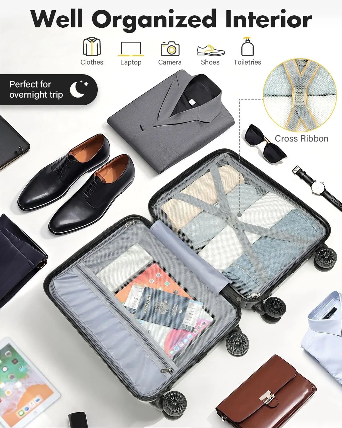 Lekesky 16 Inch Carry On Luggage Airline Approved, Hard Shell Suitcase with Hanging Packing Cube, Carry-On Bag with TSA Lock & Lightweight Spinner Wheels for Men Women, Black