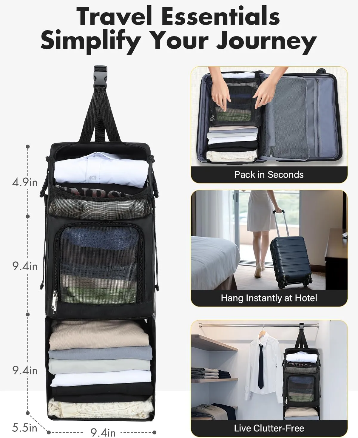 Lekesky 16 Inch Carry On Luggage Airline Approved, Hard Shell Suitcase with Hanging Packing Cube, Carry-On Bag with TSA Lock & Lightweight Spinner Wheels for Men Women, Black