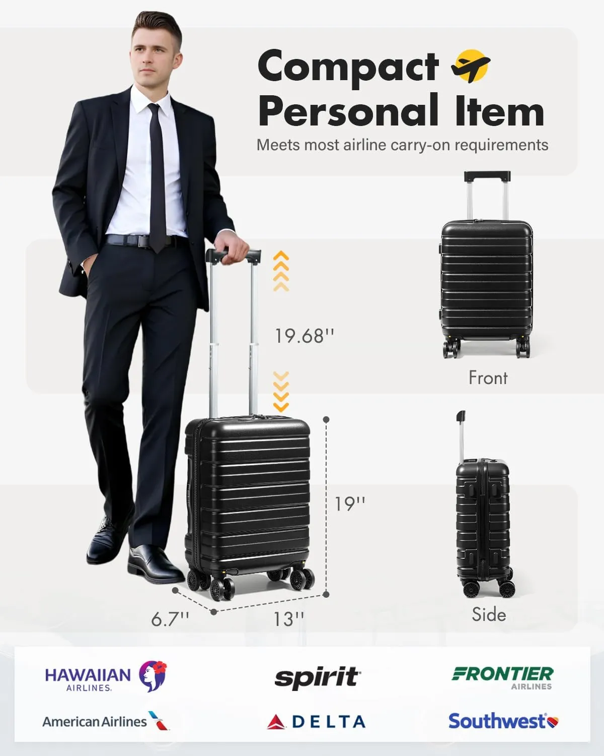 Lekesky 16 Inch Carry On Luggage Airline Approved, Hard Shell Suitcase with Hanging Packing Cube, Carry-On Bag with TSA Lock & Lightweight Spinner Wheels for Men Women, Black