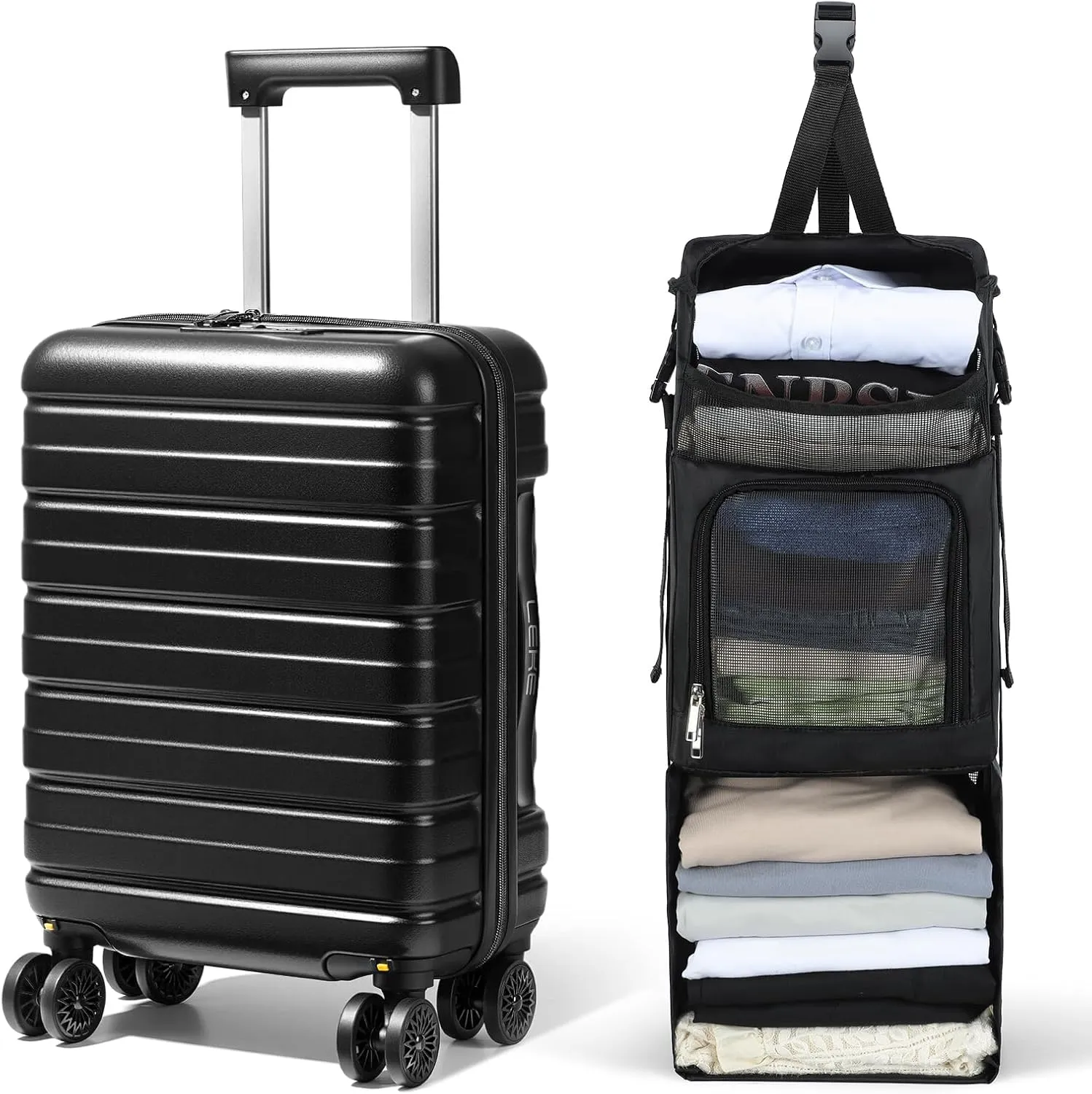 Lekesky 16 Inch Carry On Luggage Airline Approved, Hard Shell Suitcase with Hanging Packing Cube, Carry-On Bag with TSA Lock & Lightweight Spinner Wheels for Men Women, Black
