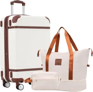 Lightweight Hardshell Luggage Set with Travel Bags, 24-Inch Expandable Suitcase, Double Spinner Wheels, Vintage Style, White