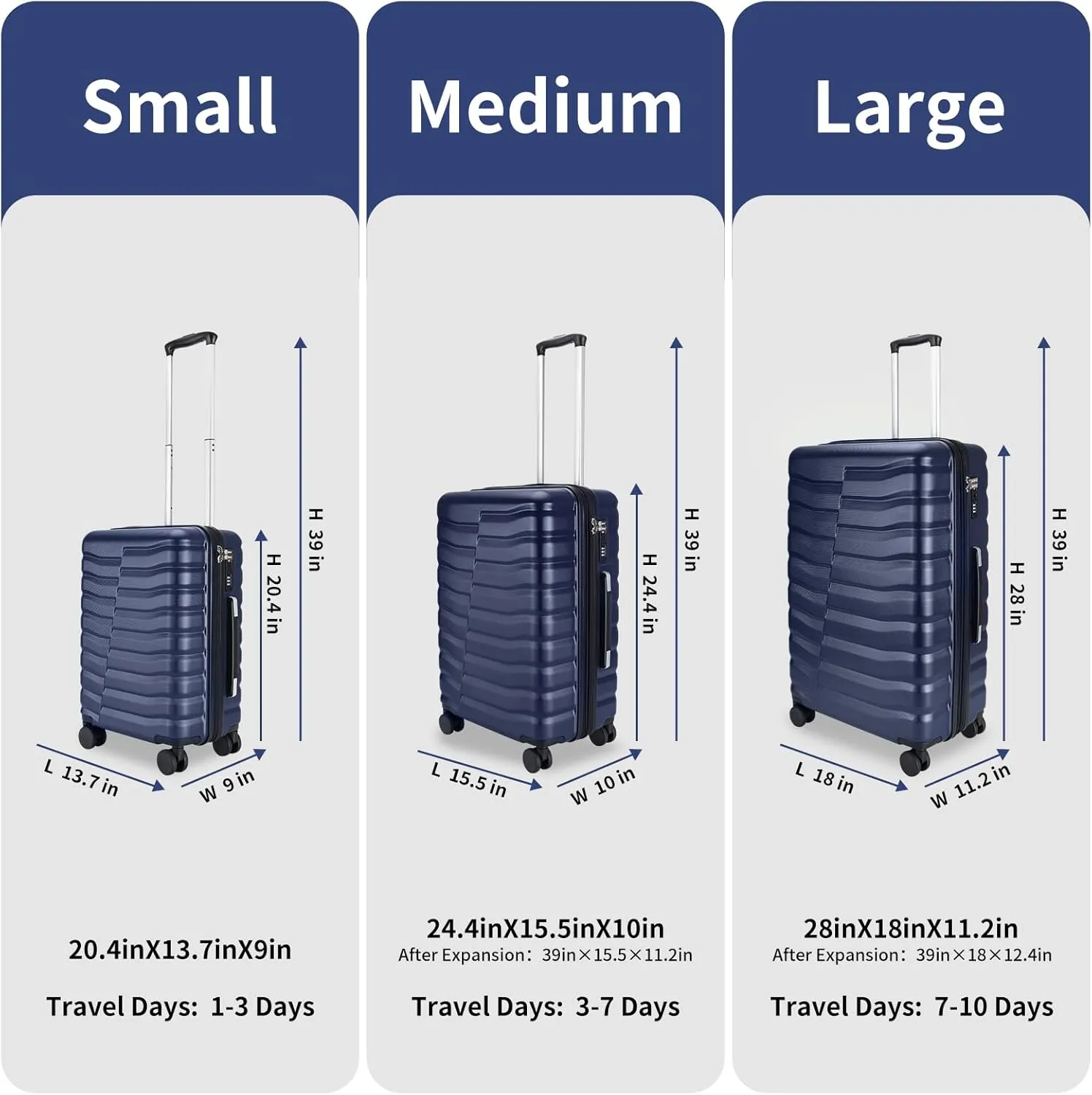 Lightweight Luggage with Spinner Wheels & YKK Zipper, 3-Piece Suitcase ABS PC Hardside Hard Shell Luggage Sets with TSA Lock for Men, Dark Navy Blue (20 24 28 inch)