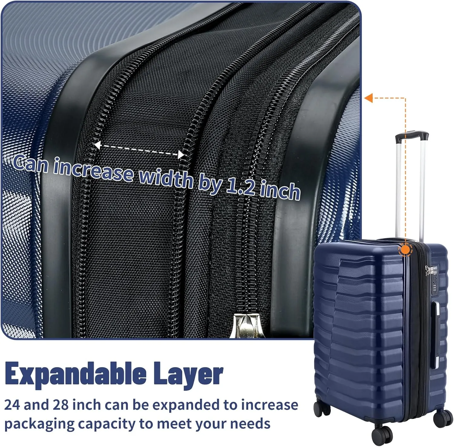 Lightweight Luggage with Spinner Wheels & YKK Zipper, 3-Piece Suitcase ABS PC Hardside Hard Shell Luggage Sets with TSA Lock for Men, Dark Navy Blue (20 24 28 inch)