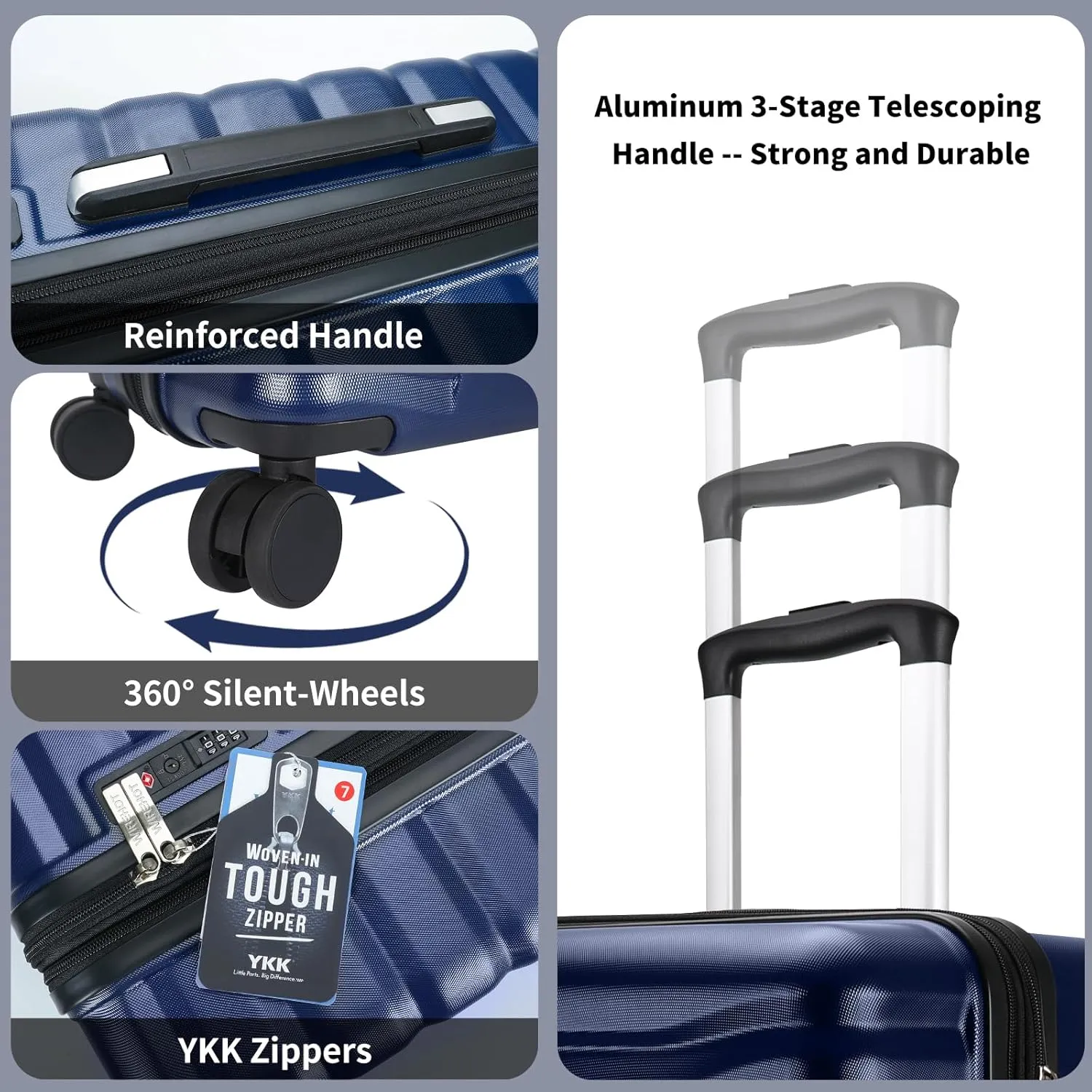 Lightweight Luggage with Spinner Wheels & YKK Zipper, 3-Piece Suitcase ABS PC Hardside Hard Shell Luggage Sets with TSA Lock for Men, Dark Navy Blue (20 24 28 inch)