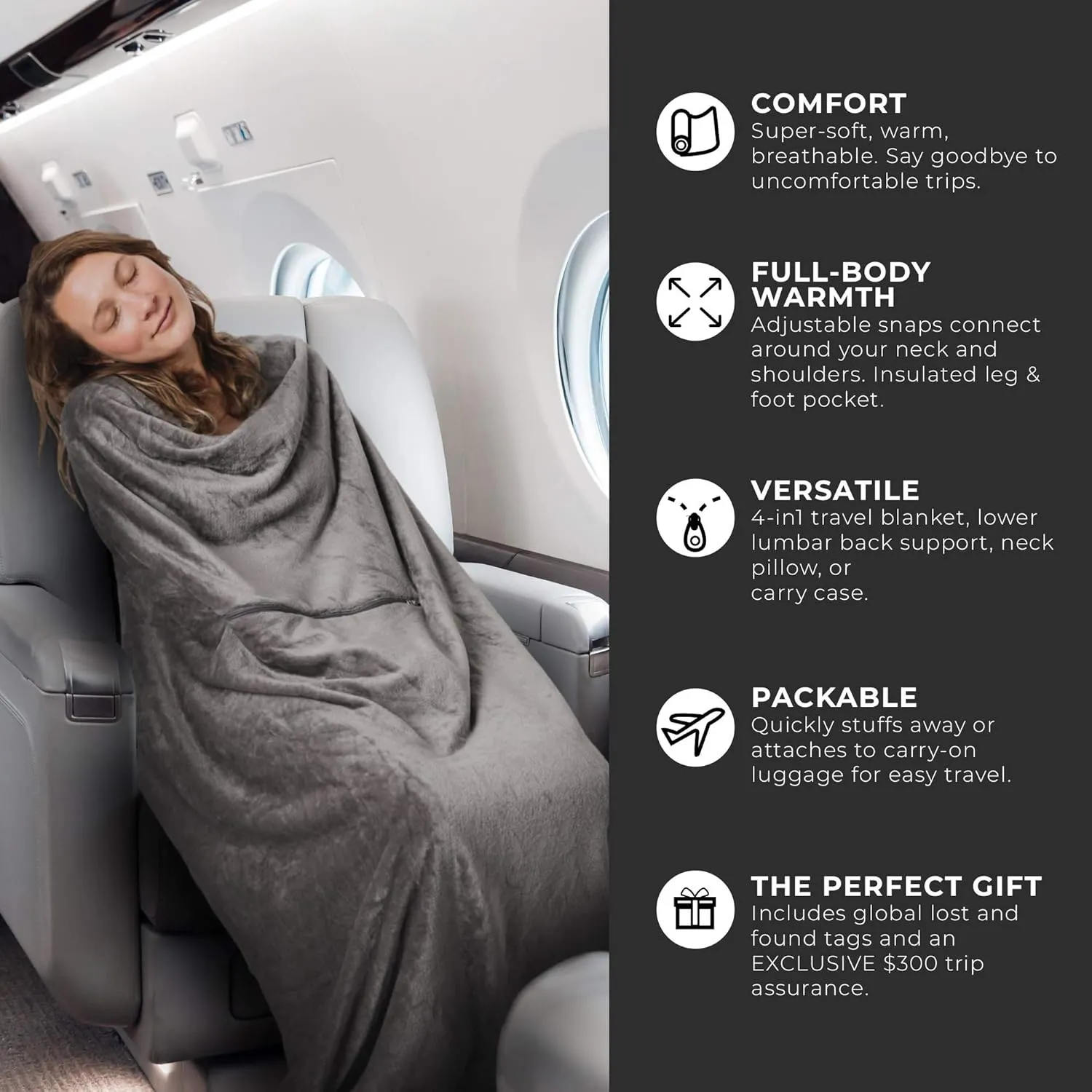 Lightweight Travel Blanket - Premium & Compact Airplane Wearable Blanket with Neck Snaps, Cozy Foot Pockets, Zipper Pouch - Converts into Soft Pillow - Designed for Ultimate Comfort - Shadow