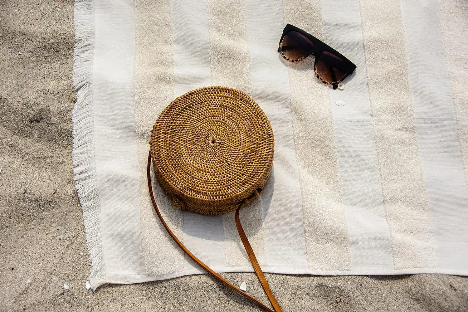 Lightweight Turkish Beach Towel - 100% BCI Cotton, Unbleached Raw Fringe, Oeko-TEX Certified, Absorbent, Eco-Friendly, 36x66 in, 1 lb, Natural Stripe, Portable Sarong Blanket for Pool, Travel, Gift