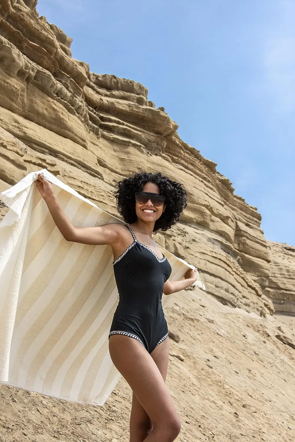 Lightweight Turkish Beach Towel - 100% BCI Cotton, Unbleached Raw Fringe, Oeko-TEX Certified, Absorbent, Eco-Friendly, 36x66 in, 1 lb, Natural Stripe, Portable Sarong Blanket for Pool, Travel, Gift