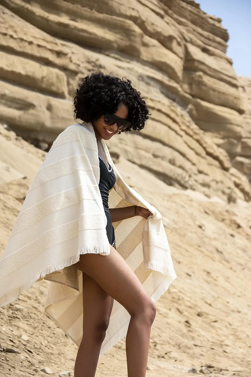 Lightweight Turkish Beach Towel - 100% BCI Cotton, Unbleached Raw Fringe, Oeko-TEX Certified, Absorbent, Eco-Friendly, 36x66 in, 1 lb, Natural Stripe, Portable Sarong Blanket for Pool, Travel, Gift