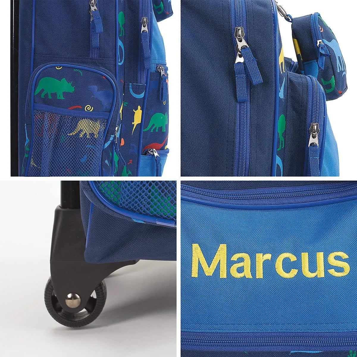 Lillian Vernon Personalized Rolling Luggage for Kids, 5-Pocket Dinosaur Suitcase Set With Clip-On Pouch, Customizable Boys Travel Carrier on Wheels, 6W x 15.5L x 23”H