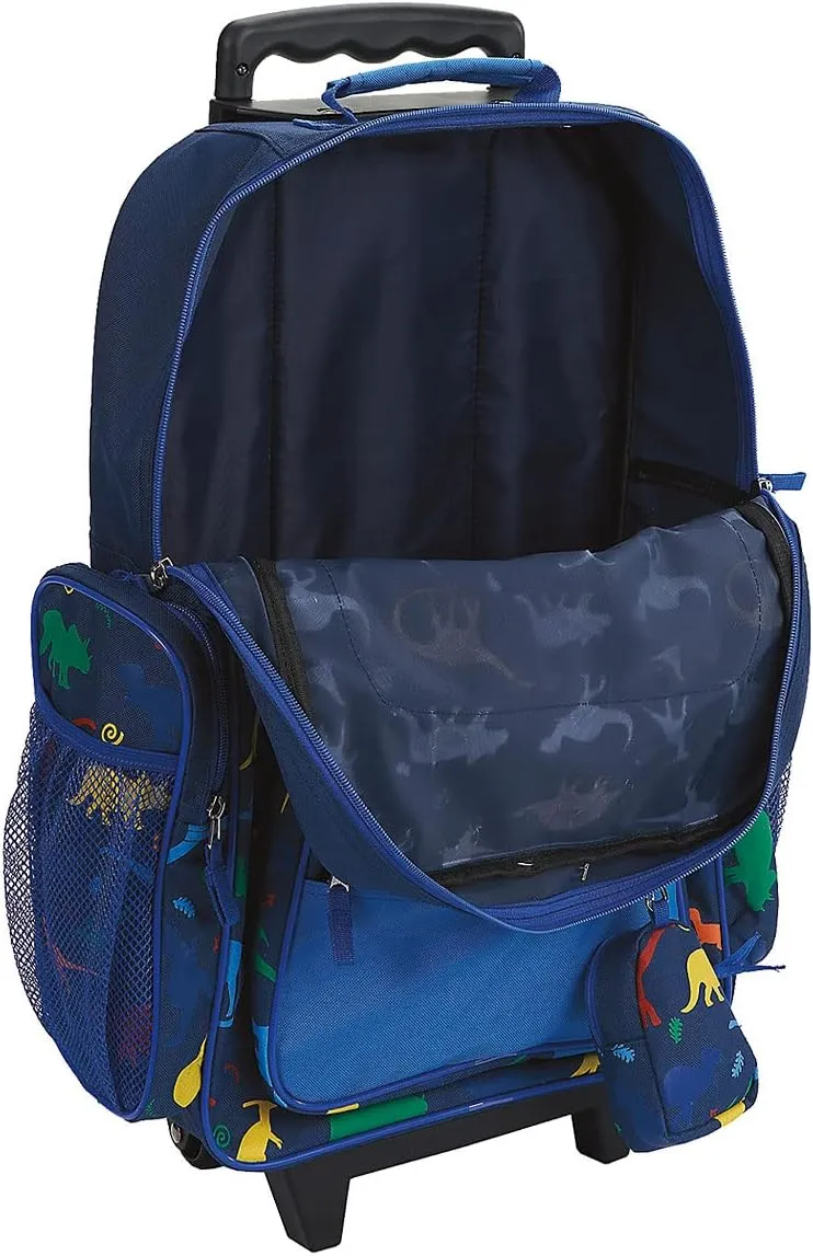 Lillian Vernon Personalized Rolling Luggage for Kids, 5-Pocket Dinosaur Suitcase Set With Clip-On Pouch, Customizable Boys Travel Carrier on Wheels, 6W x 15.5L x 23”H